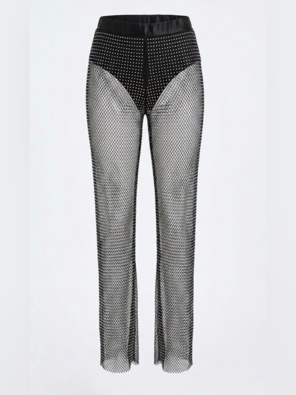 PRIVY Black Sheer Mesh Wide Leg Pants Rhinestone Crystal Fishnet